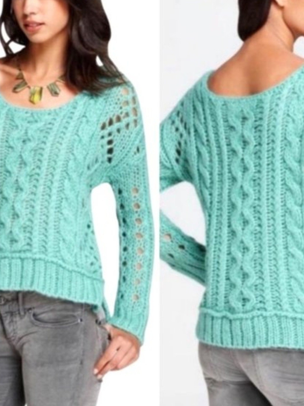 Free People Mint Cable Knit Scoop-Neck Sweater